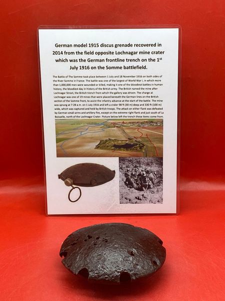 Rare German model 1915 Discus Grenade remains rusty but nice solid relic recovered in 2014 from field opposite Lochnagar mine crater at La Boisselle on the 1st July 1916 Somme battlefield