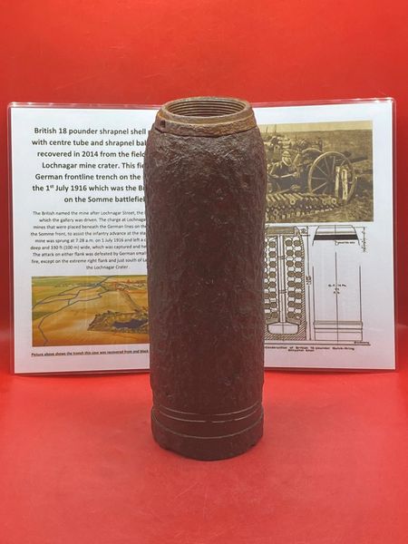 British 18 pounder shrapnel shell projectile solid relic condition with internal parts,recovered in 2014 from the field opposite Lochnagar mine crater the German frontline trench on the 1st July 1916, the British attack on Somme battlefield.