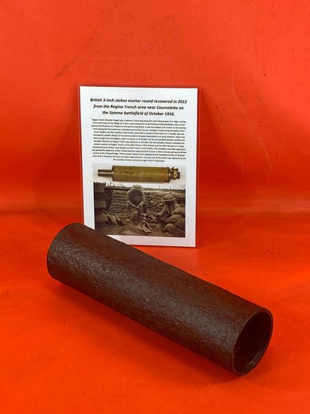 British 3 inch stokes mortar bomb empty tube very nice solid relic condition with some original colours recovered in 2012 from the Regina Trench near Courcelette on the Somme battlefield of October 1916