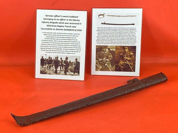 German officer’s blown apart sword scabbard belonging to an officer in the Marine Infantry Brigade which was recovered in 2016 from Regina Trench near Courcelette on Somme battlefield of 1916