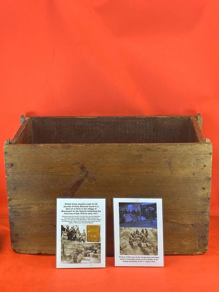 British Army wooden crate for 50 pounds of Army ration biscuits with some maker markings recovered from a barn in the village of Miraumont on The Somme battlefield of late 1916-1917