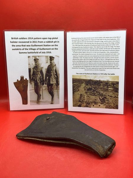 Very rare 1914 pattern open top pistol holster, lovely relic it was recovered in 2011 from the area that was Guillemont Station on the July-August 1916 battlefield on the famous Somme battlefield of 1916.