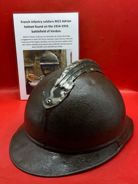 French infantry soldiers M15 Adrian helmet lovely condition missing its badge some original paintwork found many years ago on the Verdun battlefield of 1914-1918 in France