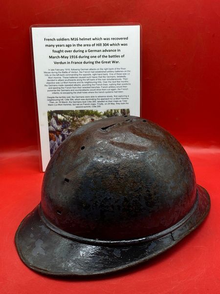 French soldiers M15 Adrian helmet, lovely condition relic with some original blue and black paintwork remains recovered from around Hill 304 and Malancourt area of the March - May 1916 battle of Verdun