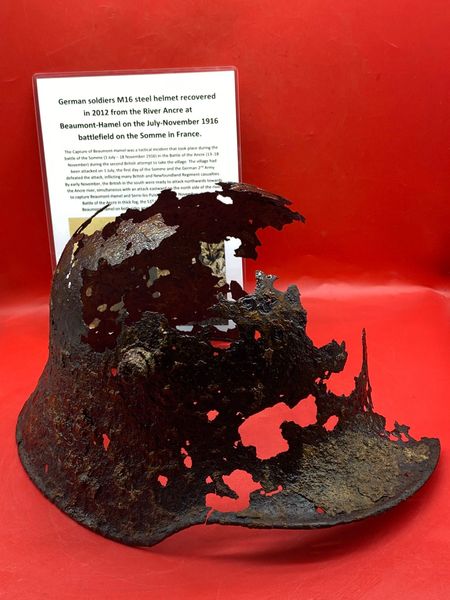 German soldiers M16 steel helmet remains very relic condition but solid enough recovered in 2012 from the River Ancre at Beaumont-Hamel on the July-November 1916 battlefield on the Somme