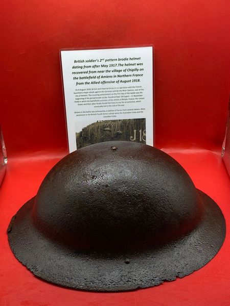 Very rare British 2nd Pattern Brodie Helmet nice solid relic,green paintwork recovered from near the village of Chipilly on the battle of Amiens August 1918 battlefield.