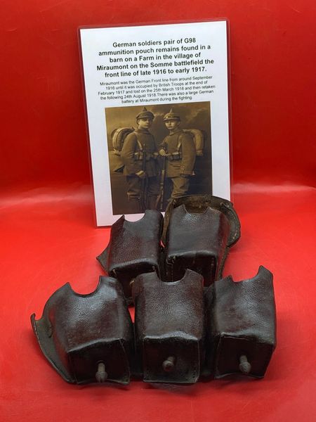 German Army soldiers pair of ammunition pouches lovely condition,original colour recovered from a barn in the village of Miraumont on The Somme battlefield 1916-1918