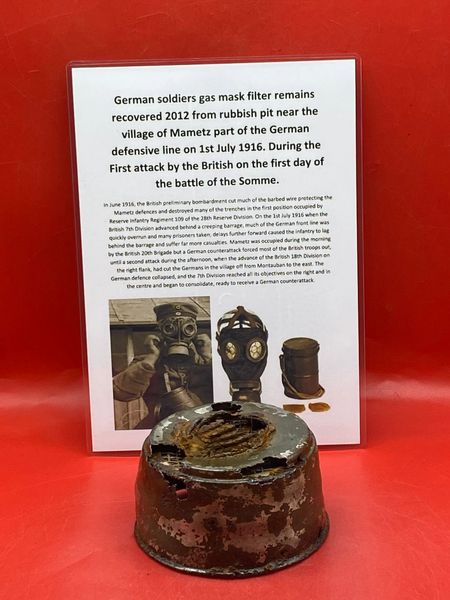 Very rare German gas mask filter with original green paintwork remains recovered from rubbish pit near the old German trench line near the village of Mametz on the Somme battlefield of 1916