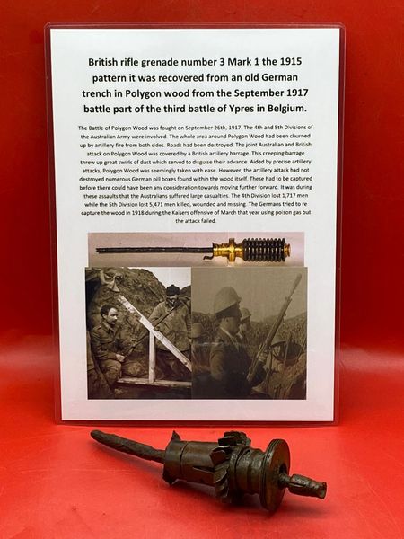 British rifle grenade number 3 Mark 1 the 1915 pattern part lovely relic condition recovered from an old German trench in Polygon wood from the September 1917 battle part of the third battle of Ypres in Belgium.