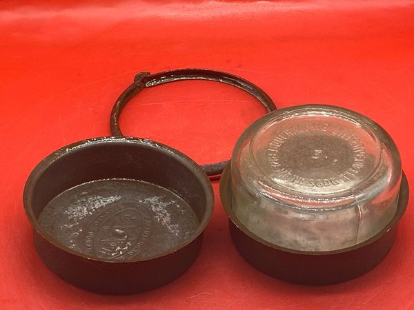 Nice condition World war 1 French soldiers food canteen LA Perpetuelle Number 3 complete with glass bowl and maker markings and it opens and the bowl comes out found on the Verdun battlefield of 1914-1918