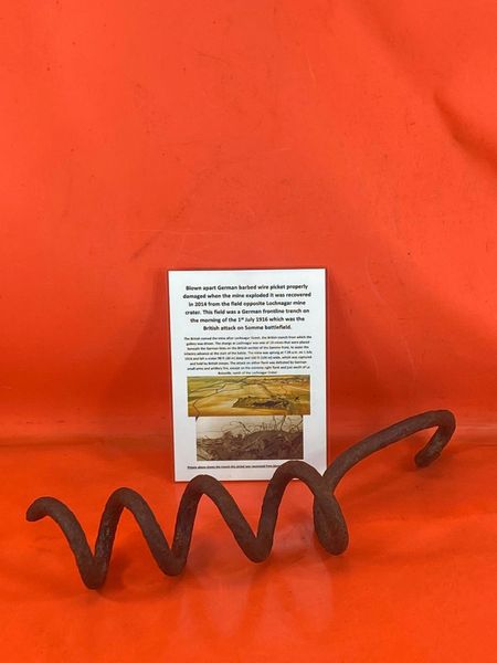 Blown apart German barbed wire picket properly damaged when the mine exploded recovered in 2014 from the old German trench line at La Boisselle in the field opposite where the Lochnagar mine crater on the Somme July 1916 battlefield