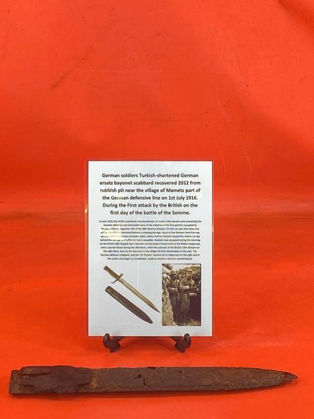 Rare to find German soldiers Turkish shortened ersatz bayonet scabbard with frog remains recovered 2012 from rubbish pit near the village of Mametz part of the German defensive line on 1st July 1916,attacked by the British on the first day of the Somme.