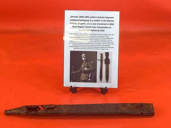 Rare to find German 1898-1905 pattern butcher bayonet scabbard belonging to a soldier in the Marine Infantry Brigade which was recovered in 2016 from Regina Trench near Courcelette on Somme battlefield of 1916