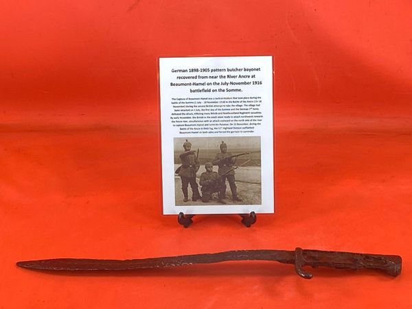 German M1898-1905 pattern Butcher Bayonet solid relic condition recovered from near the River Ancre at Beaumont-Hamel on the July-November 1916 battlefield on the Somme.