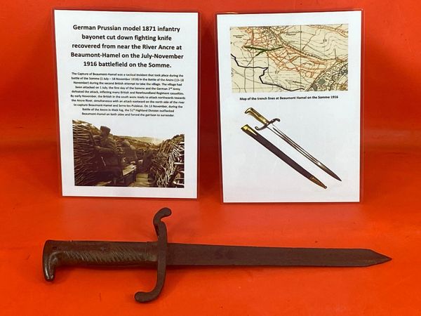 Very rare German Prussian model 1871 infantry Bayonet cut down fighting knife lovely relic condition with brass handle recovered from near the River Ancre at Beaumont-Hamel on the July-November 1916 battlefield on the Somme.