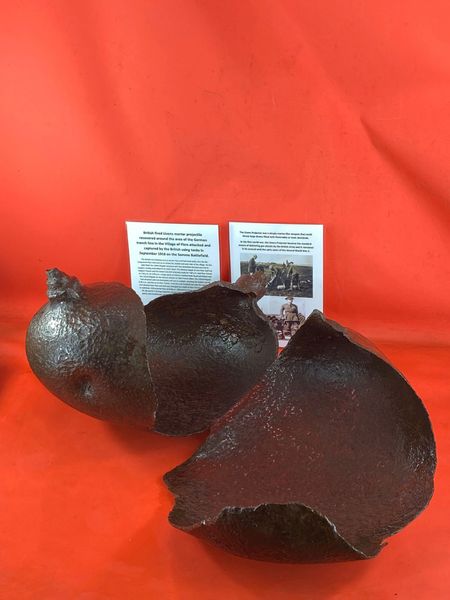 Very rare blown apart and fired complete British livens mortar bomb nice clean relic it was recovered recovered from old German trench line in the village of Flers on the Somme battlefield,Flers was the first village captured using tanks in September 1916