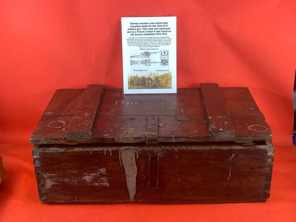 German Shell Case wooden crate for 10cm K14 artillery gun with some maker markings used post war as tool box found on the the famous Somme battlefield 1916-1918