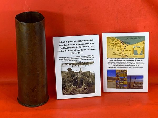 British artillery 25 pounder brass shell case dated 1940,nice condition semi-relic recovered from the El Alamein battlefield of late 1942 during the North African desert campaign of 1940-1943.