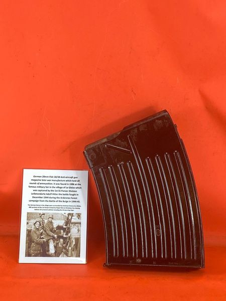 Perfect condition not relic German 20mm Flak 30/38 Anti-Aircraft gun magazine later war make totally complete with all original black colour,waffen stamped bought in 1986 at the famous military fair in the village of Le Gleize, the battle in December 1944