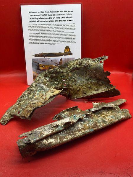 Large aluminium airframe structure section with lots of green-brown and black paint remains from American B26 Marauder number 42-96263 shot down on D-Day 6th June 1944 it crashed at Gillingham in Kent