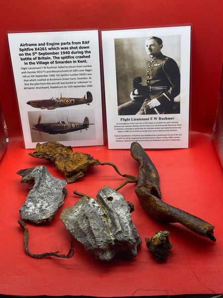 Large group of airframe and engine parts well cleaned relics from RAF Spitfire X4261 shot down on the 5th September 1940 and crashed at Smarden near Ashford in Kent during the Battle of Britain