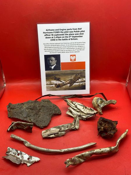 Large group of airframe and engine parts from RAF Hurricane P2985 the pilot was Polish pilot officer W.Lapkowski the plane was shot down at 3.45pm on the 5th September 1940,battle of Britain.