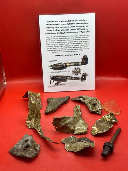 Group of airframe and engine parts with paintwork remains-part numbers from RAF Westland Whirlwind twin engine fighter of 263 squadron which was shot down by return fire from a German Dornier 215 bomber and crashed,Helston in Cornwall,1st April 1941.