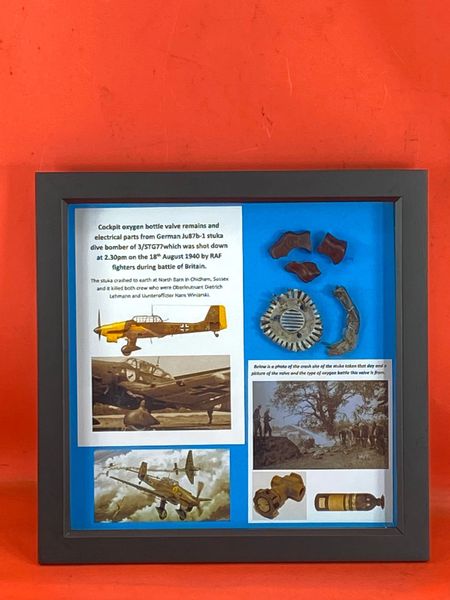 Glass framed oxygen bottle remains and electrical parts, nice cleaned parts from German Ju87b-1 stuka dive bomber of 3/STG77 the plane was shot down on the 18th August 1940 by RAF fighters and crashed at North Barn in chidham in Sussex