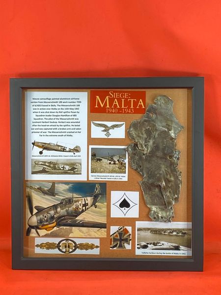 Ultra rare very large glass framed aluminium airframe section with lots of its original Mauve camouflage paintwork from Messerschmitt 109 work number 7295 of 6/JG53 based in Sicily that was shot down on the 15th May 1942 at Hal Far in the south of Malta