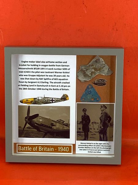 Glass framed Bosch maker label,bracket for oxygen bottle and airframe section all with original paintwork and colour from German Messerschmitt bf109 number 5095 OF 2/JG51 shot down on the 28th October 1940 and crashed at Dymchurch,battle of Britain