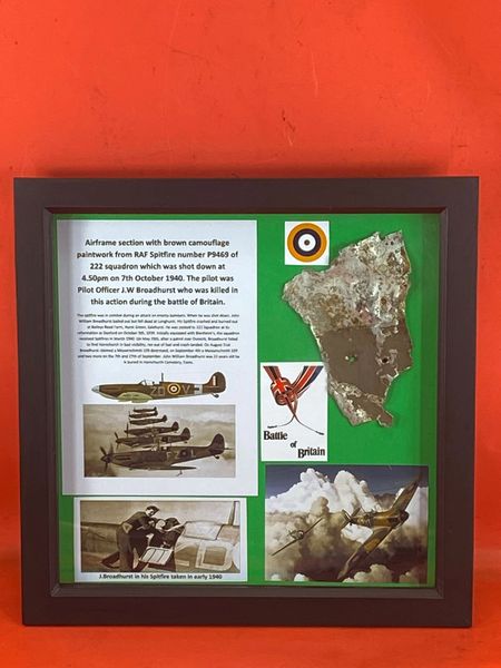 Glass framed very rare to find nice size airframe section with brown camouflage paintwork remains very clear to see from RAF Spitfire number P9469 shot down on 7th October 1940 which crashed in Hurst Green in Battle of Britain