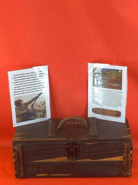 German carry crate for Gewehr Sprenggrante 30 anti personnel rifle grenades with paper label and dated 1944 used by 9th Army Wehrmacht/11th SS Panzer grenadier Division Nordland who defended city of Kostrzyn or Kustrin where the box was found 1944 battle