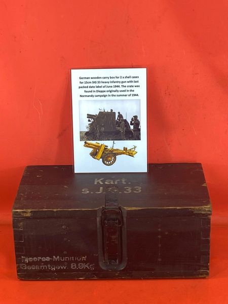 German wooden carry crate which held 2 separate propelling charge shell cases for 15cm SIG 33 heavy infantry gun,maker marked with paper labels dated 1943 found in Dieppe originally used in the Normandy campaign in the summer of 1944