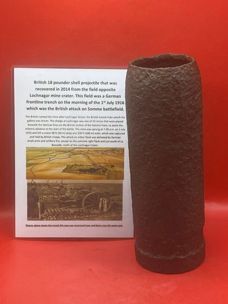 British 18 pounder shell projectile solid relic condition,recovered in 2014 from the field opposite Lochnagar mine crater the German frontline trench on the morning of the 1st July 1916 which was the British attack on Somme battlefield.