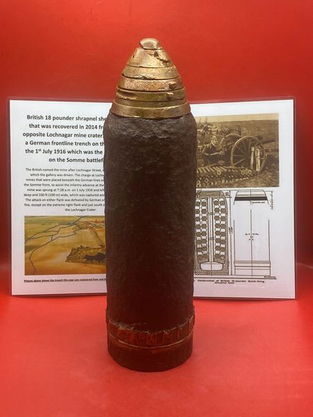 British 18 pounder shrapnel shell projectile with its fuse solid relic condition with maker markings and numbers recovered in 2014 from the field opposite Lochnagar mine crater the German frontline trench,morning 1st July 1916 attack on Somme battlefield.