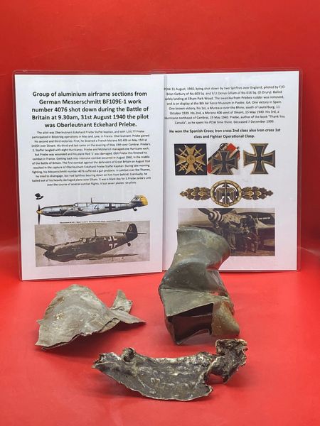 Aluminium airframe sections with paintwork remains,nice clean parts from German Messerschmitt BF109E-1 work number 4076, shot down, 31st August 1940, crashed at Elham during the battle of Britain.