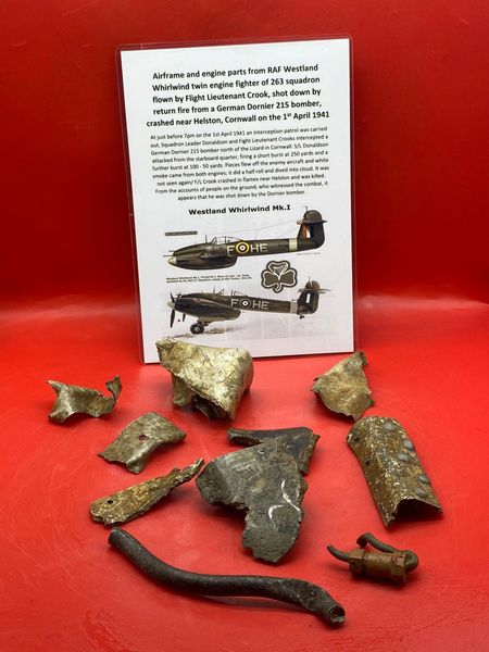 Group of airframe and engine parts with paintwork remains-part numbers from RAF Westland Whirlwind twin engine fighter of 263 squadron which was shot down by return fire from a German Dornier 215 bomber and crashed,Helston in Cornwall,1st April 1941.