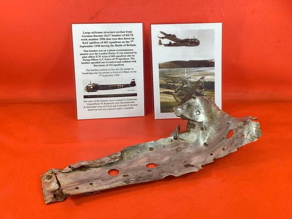 Large aluminium airframe panel with some green paintwork remains very well cleaned from German Dornier Do17 bomber of KG76 work number 2596,shot down by RAF spitfires of 602 squadron on the 7th September 1940 during the Battle of Britain