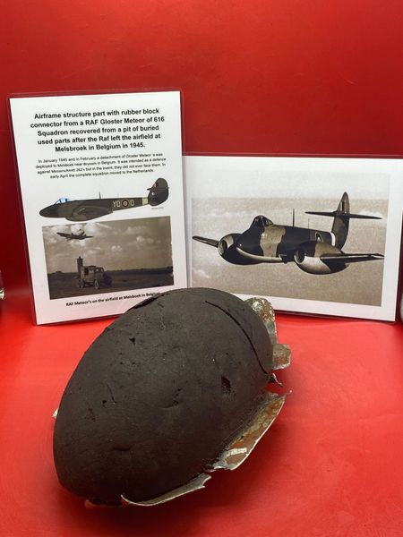 Very large airframe structure part with rubber block connector with green and red paintwork,very clean from RAF Gloster meteor of 616 squadron recovered from a pit of buried parts at Airfield at Melsbroek,Belgium