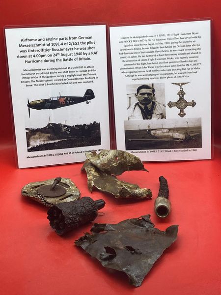 Group of larger size airframe and engine parts from German Messerschmitt bf 109E-4 of 2/LG2 the pilot was Unteroffizier Buschmeyer he was shot down at 4.00pm on 24th August 1940 by a RAF Hurricane during the Battle of Britain.