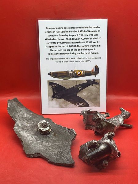 3 internal parts with original colours,maker marked from inside merlin engine on RAF Spitfire number P9398 Shot down, 31st July 1940 by Messerschmitt 109 flown by Hauptman Tietzen of 4/JG51 it crashed in flames into the sea in Folkestone Harbour in Kent