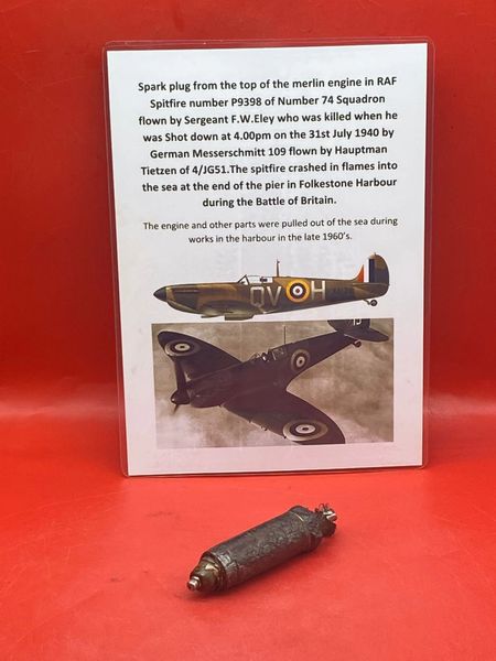 Lovely engine spark plug from the top of merlin engine in RAF Spitfire number P9398 Shot down, 31st July 1940 by Messerschmitt 109 flown by Hauptman Tietzen of 4/JG51 it crashed in flames into the sea in Folkestone Harbour in Kent