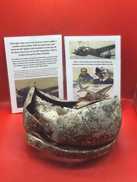 Very rare wing light outer case with original paintwork from German Junkers ju88A-1 bomber work number 3162 it was shot down and crashed in to the sea off the Nore,Sheerness on the 18th September 1940 at 5.30pm during the battle of Britain.