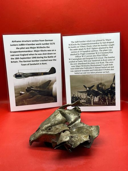 Airframe structure section with original paintwork remains from German JU88 bomber number 3173 pilot Major M.Klechs shot down 18th September 1940 crashed Sandwich,Battle of Britain