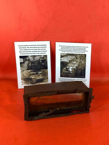 German Panther tank drivers armoured glass vision block near complete with original paintwork remains recovered from a Allied post war dump site near the Tiger tank Henschel assembly plant at Kassel in Central Germany after it was captured.