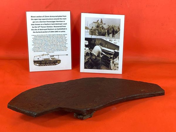 15mm Armoured plate structure section with weld front of the open top superstructure on a German Nashorn tank destroyer used by the 12th Panzer Division recovered from the site of destroyed Nashorn in the Kurland Pocket 1944-1945 battle in Latvia