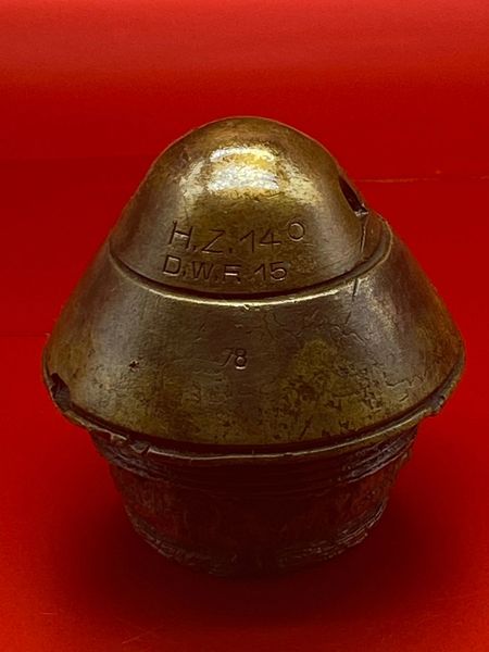 fantastic condition German HZ 14 Percussion 57.5 mm fuse-detonator, without delay,dated 1915 on high explosive or gas shells fired by light field howitzers recovered on the Ypres Battlefield of 1914-1918 in Belgium