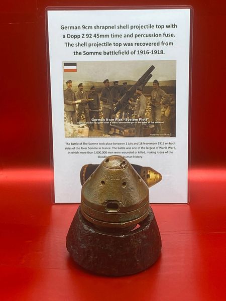 German 9cm shrapnel shell projectile top Dopp Z 92 nF fuse model 1892 double effect 45 mm time and percussion fuse, without delay used on shrapnel shells, incendiary shells and high explosive shells recovered from the Somme battlefield of 1916-1918.