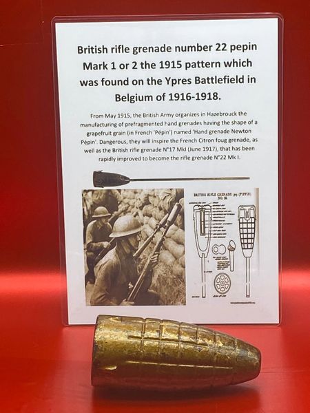 Very rare British rifle grenade number 22 pepin Mark 1 or 2 the 1915 pattern,lovely solid relic condition which was found on the Ypres Battlefield in Belgium of 1914-1918.