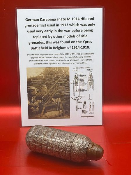 Very rare German Karabingranate M 1914 rifle rod grenade,lovely relic condition first used in 1913 which was only used very early in the war, found on the Ypres Battlefield in Belgium of 1914-1918.